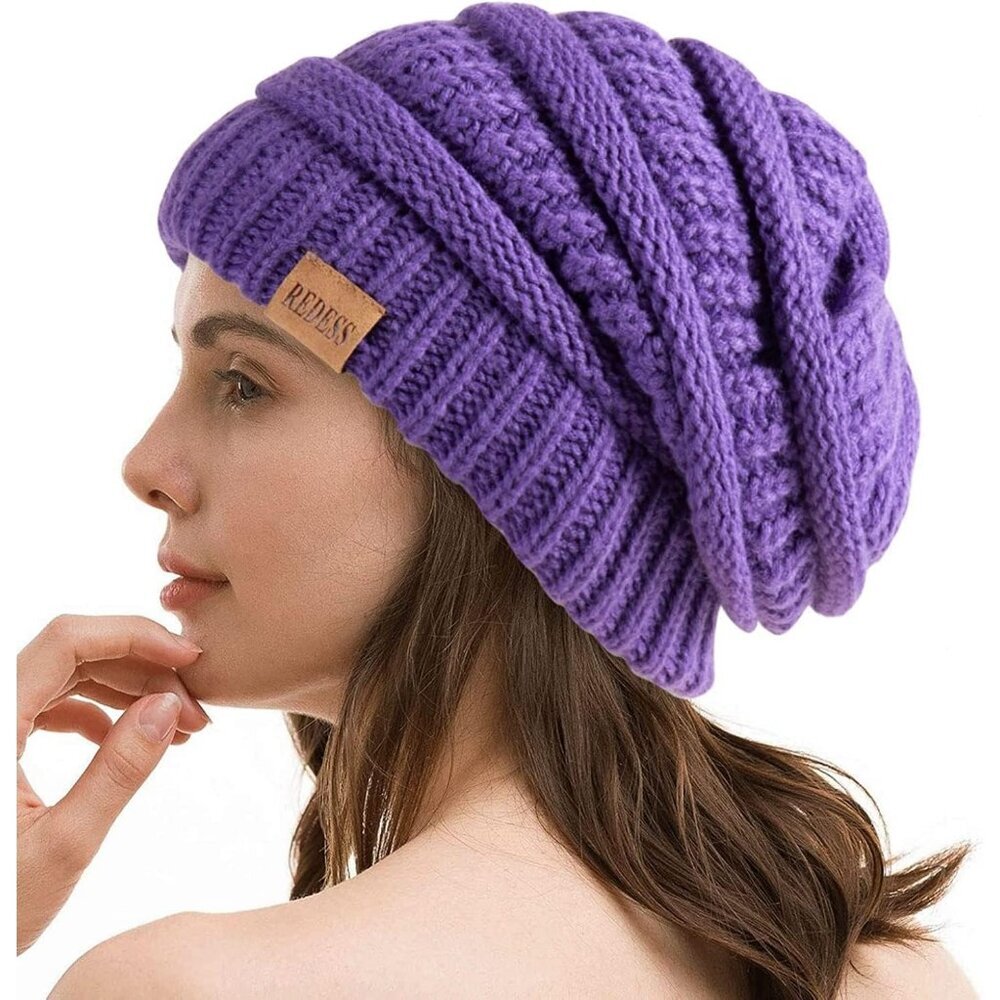 Women's Slouchy Light Purple Beanie Winter Warm Chunky Skull Cable Knit Hat Cap